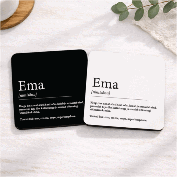 Ema nimikaart must ja valge, isiklik nimetus ja sõnum.