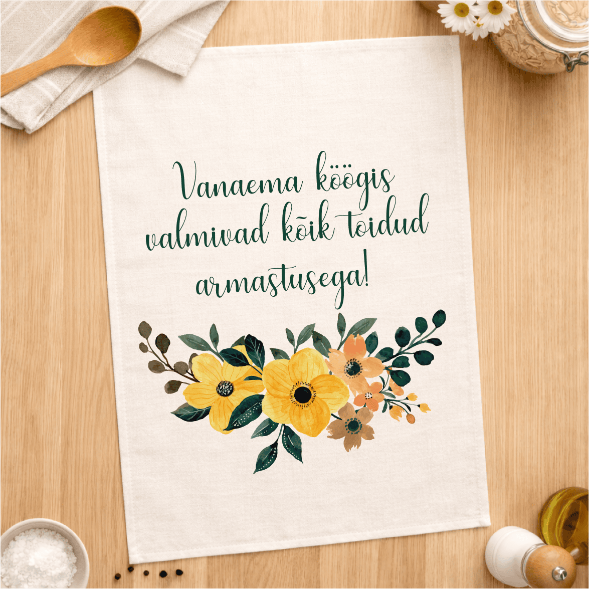 Õnnitluskaart vanaemale, lilledega, sõnumiga "Vanaema õnnitluskõik valmis".