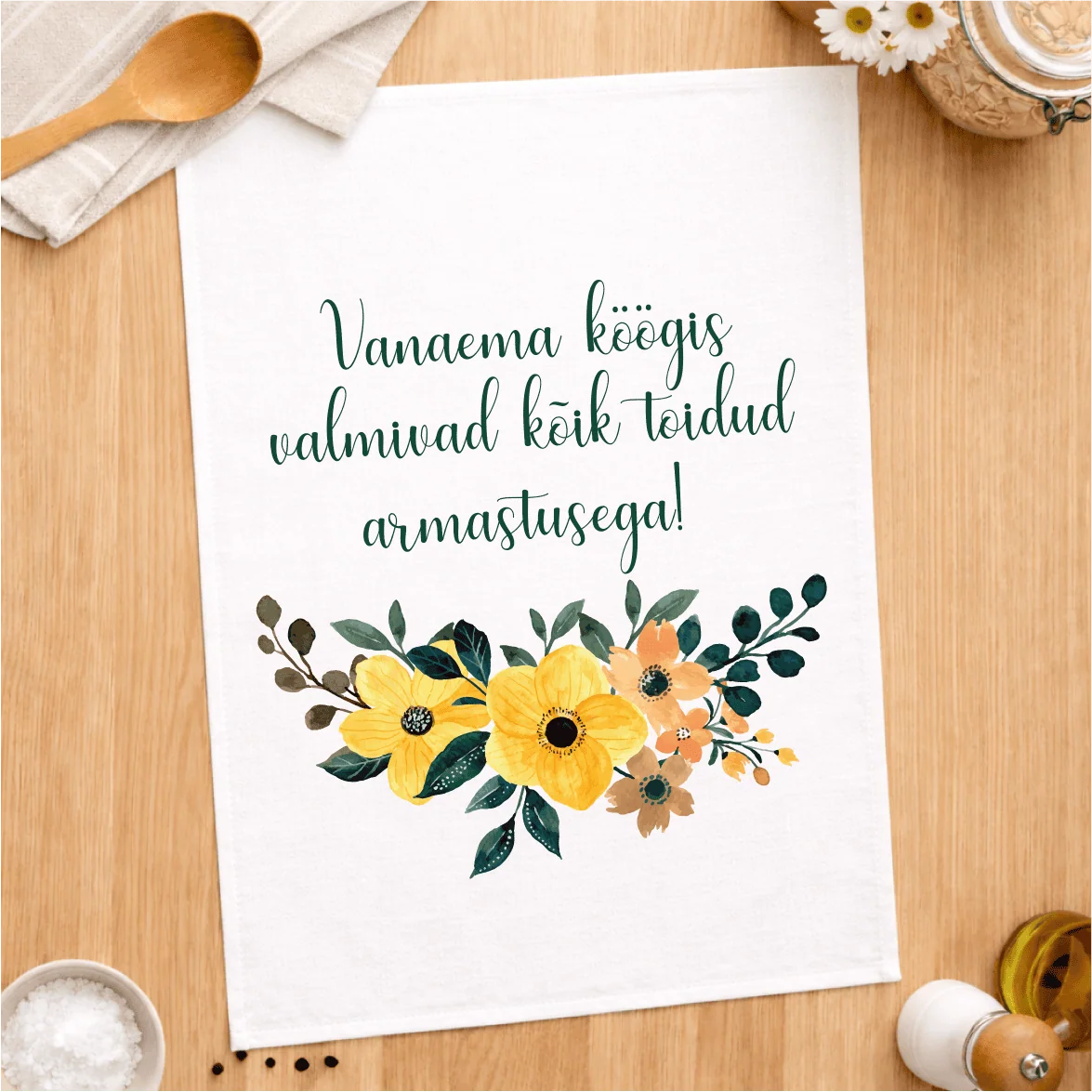 Vanaema õnnitluskaart koos lilledega, sõnum "Vanaema õnnitlus, valmis kõik toredad armastusega".